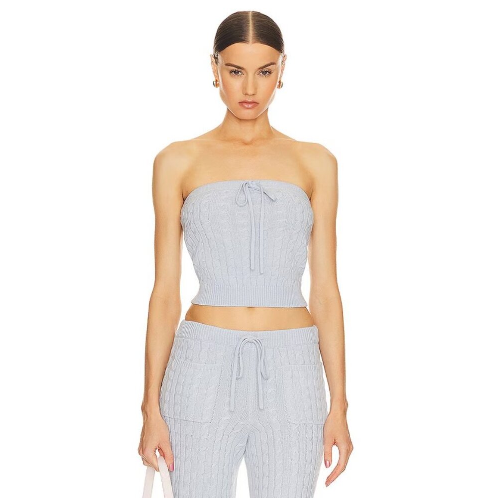 Helsa Taiki Cable Tube Top in Pale Blue Knit